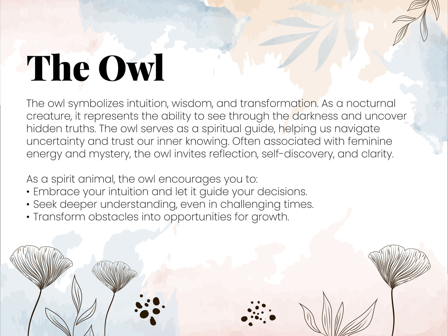 Owl Spirit Animal Coloring Page | Mystical Digital Download | Intuition & Wisdom