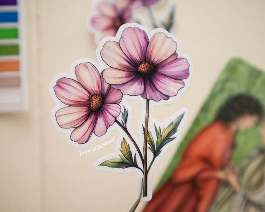 Watercolor spring sticker of a pink flower 