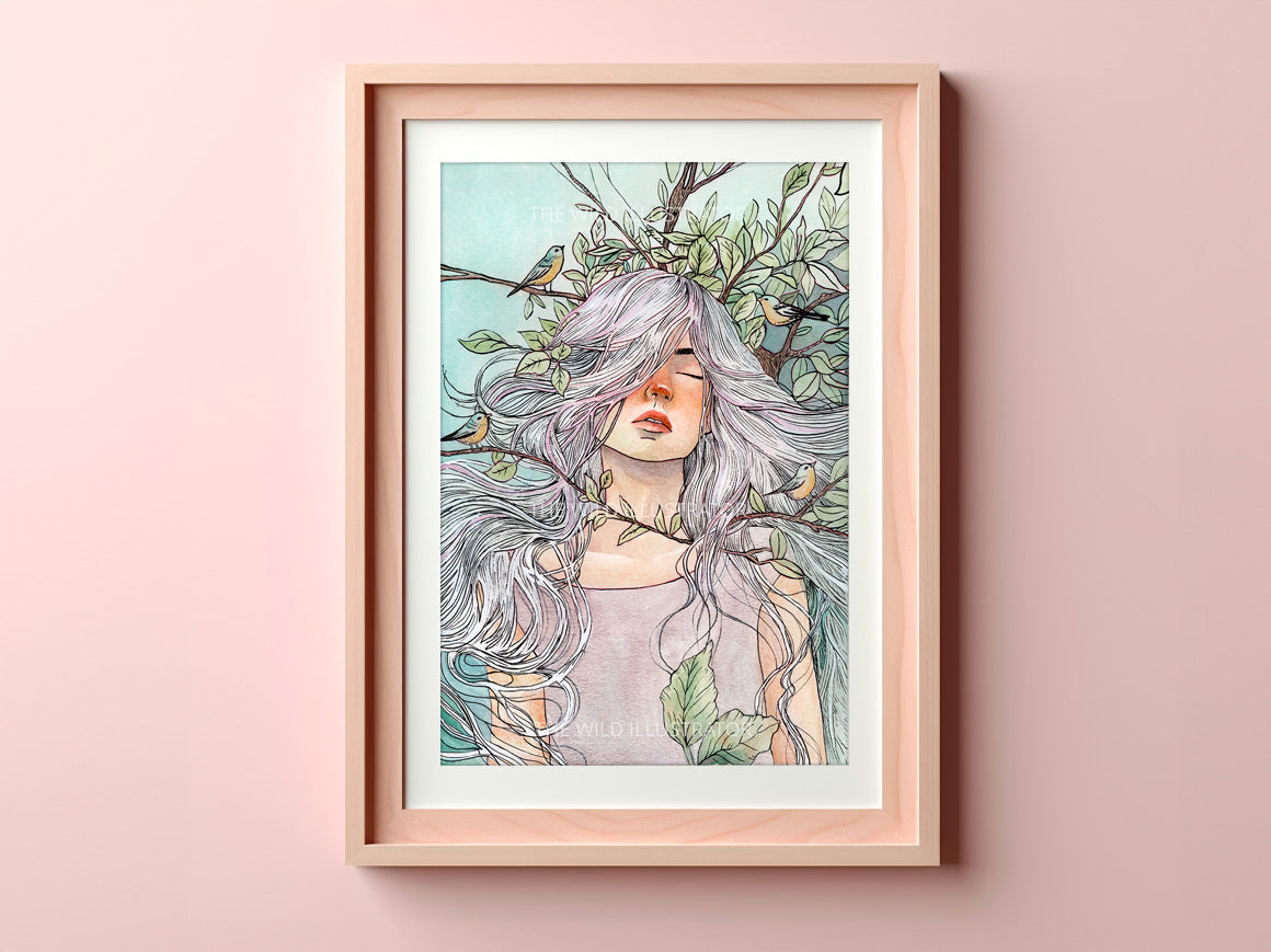 A high-quality art print of a watercolor painting featuring a woman surrounded by foliage and birds. Printed on archival paper, available in A6, A5, and A4.