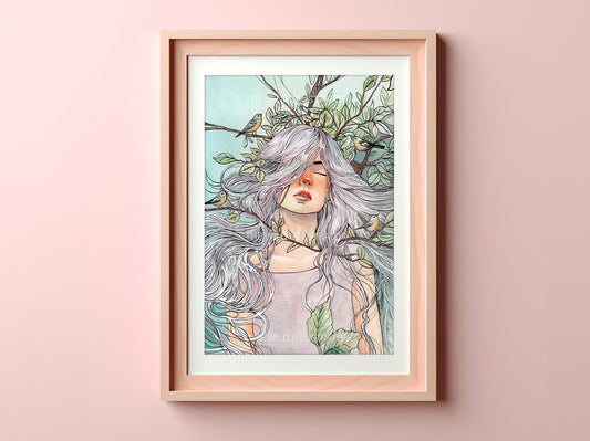 A high-quality art print of a watercolor painting featuring a woman surrounded by foliage and birds. Printed on archival paper, available in A6, A5, and A4.