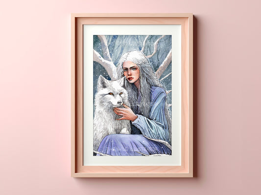 Soul of the Frosted Woods Art Print | Mystical Woman with Arctic Fox