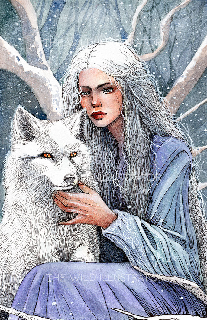 Soul of the Frosted Woods Art Print | Mystical Woman with Arctic Fox