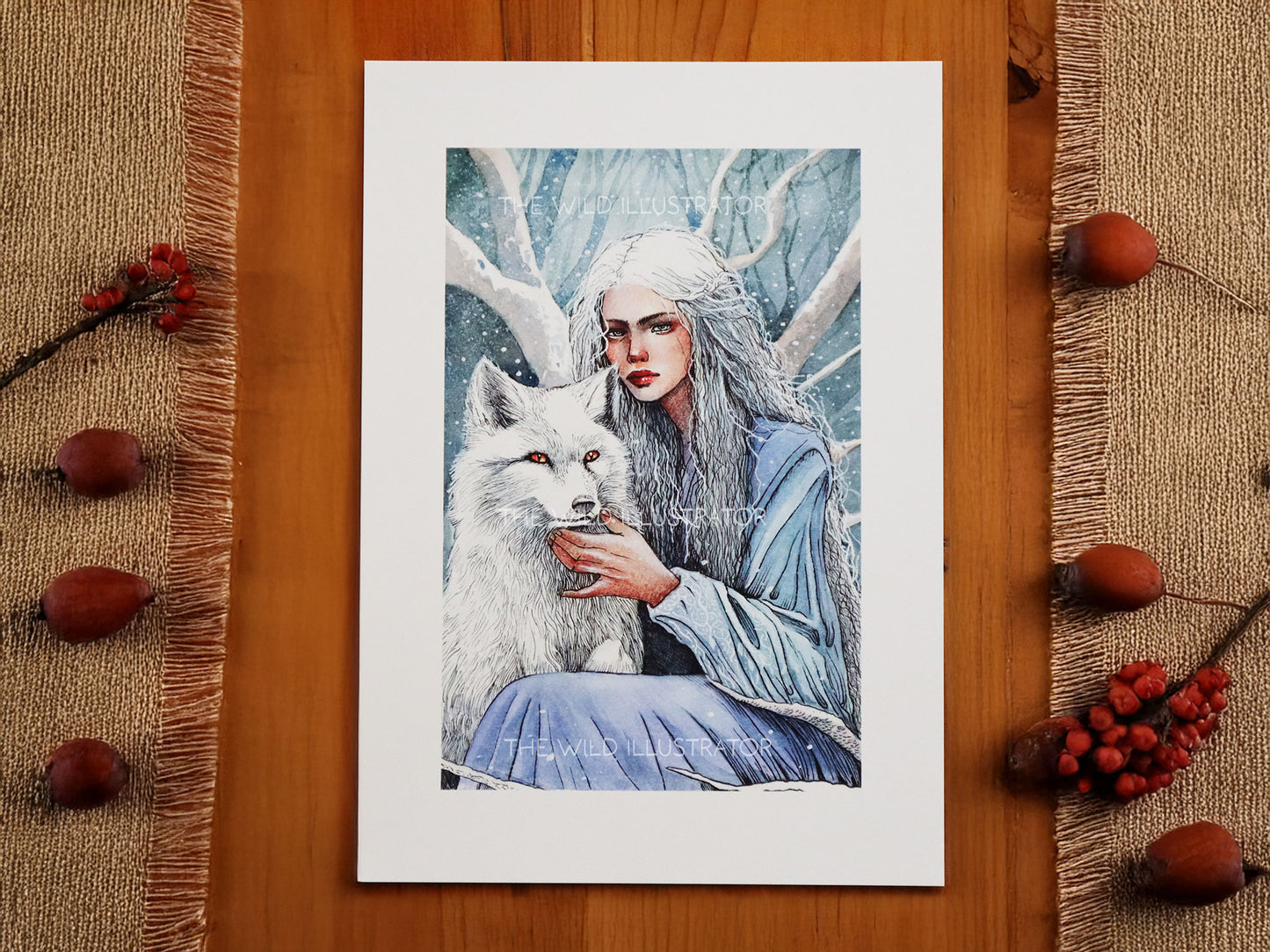 Soul of the Frosted Woods Art Print | Mystical Woman with Arctic Fox