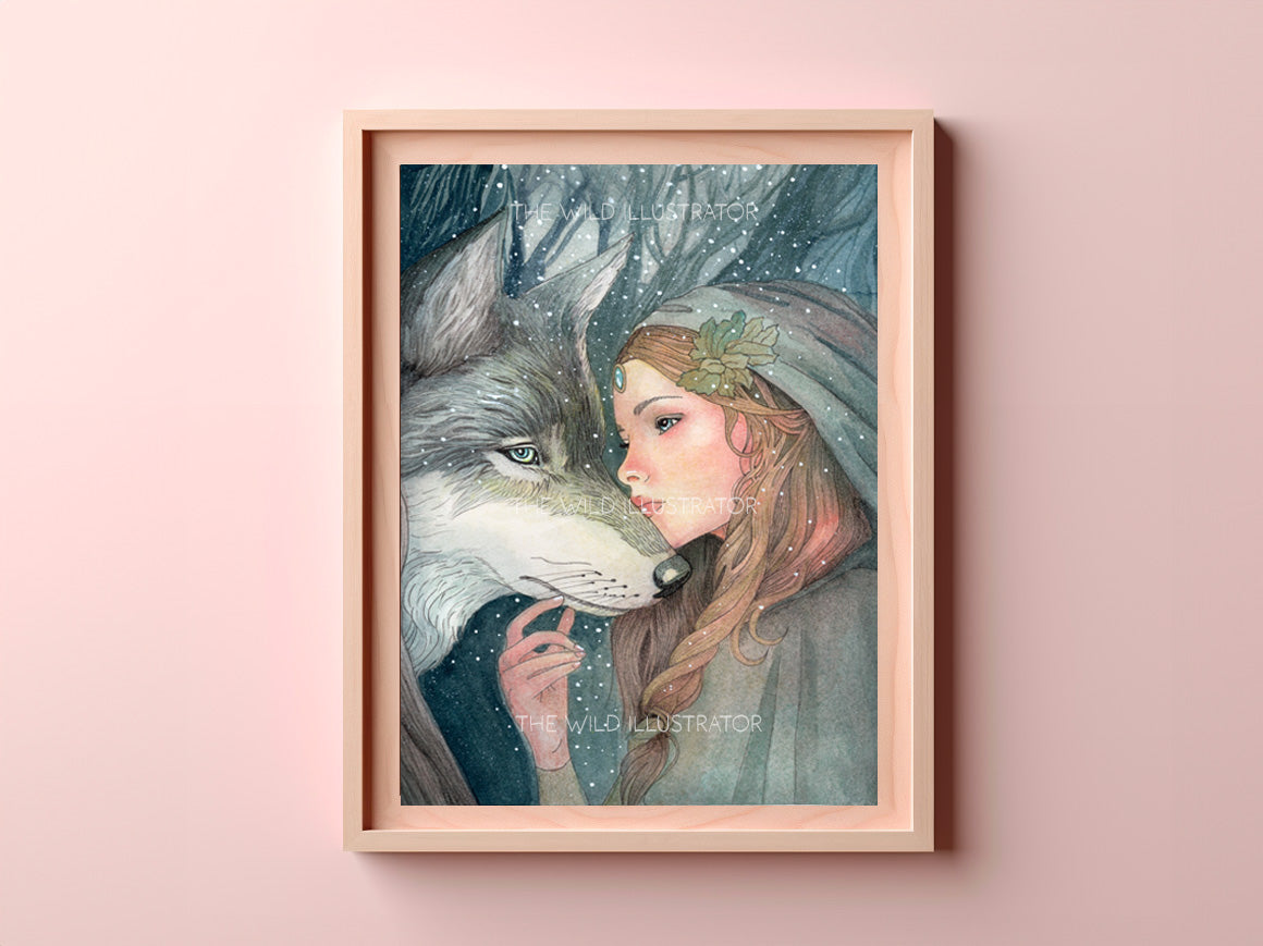 Spirit of the Wild: a mystical wolf art print symbolizing spiritual connection and natural beauty. 