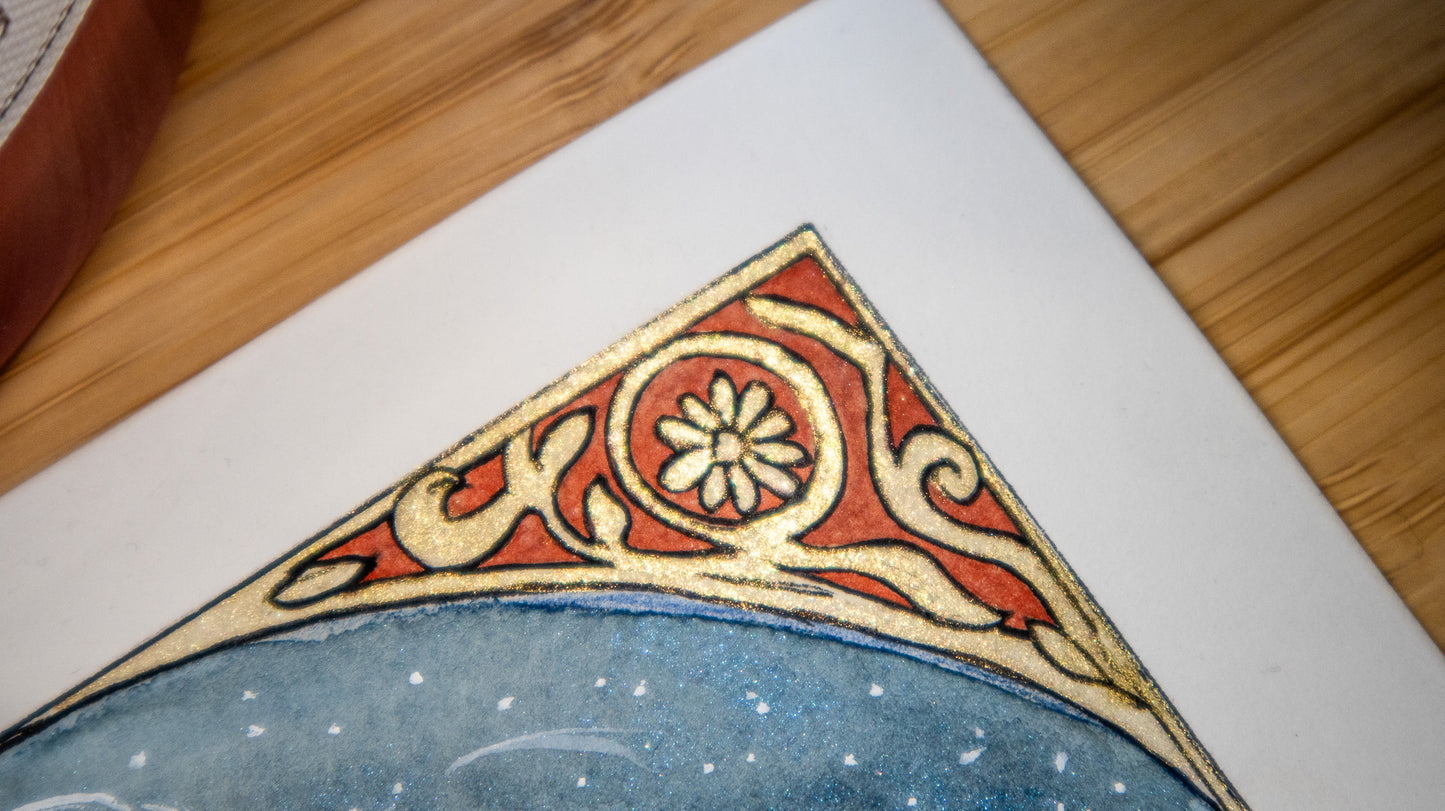 Original watercolor painting of a mystical fox spirit with metallic details, symbolizing intuition and transformation – Spirit of the Fox by The Wild Illustrator.