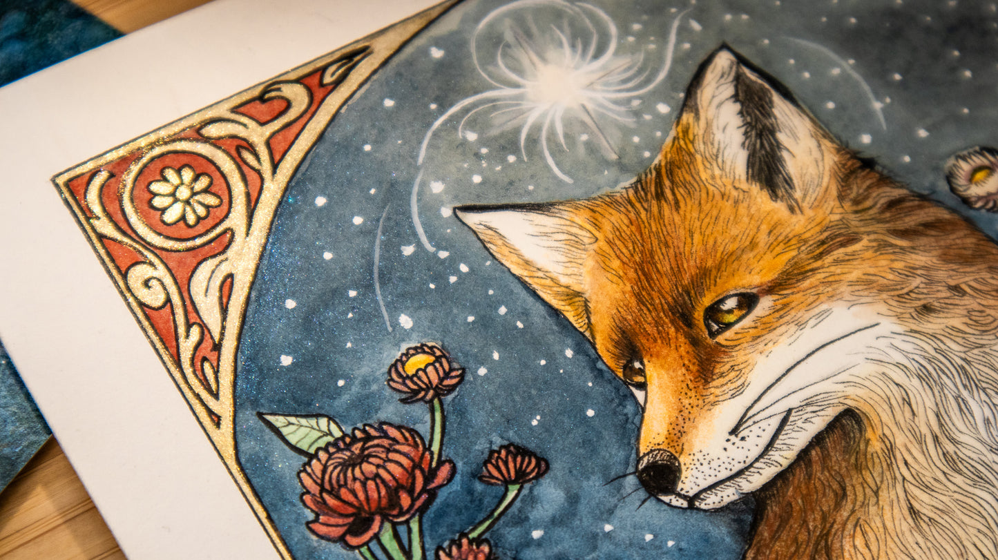 Original watercolor painting of a mystical fox spirit with metallic details, symbolizing intuition and transformation – Spirit of the Fox by The Wild Illustrator.