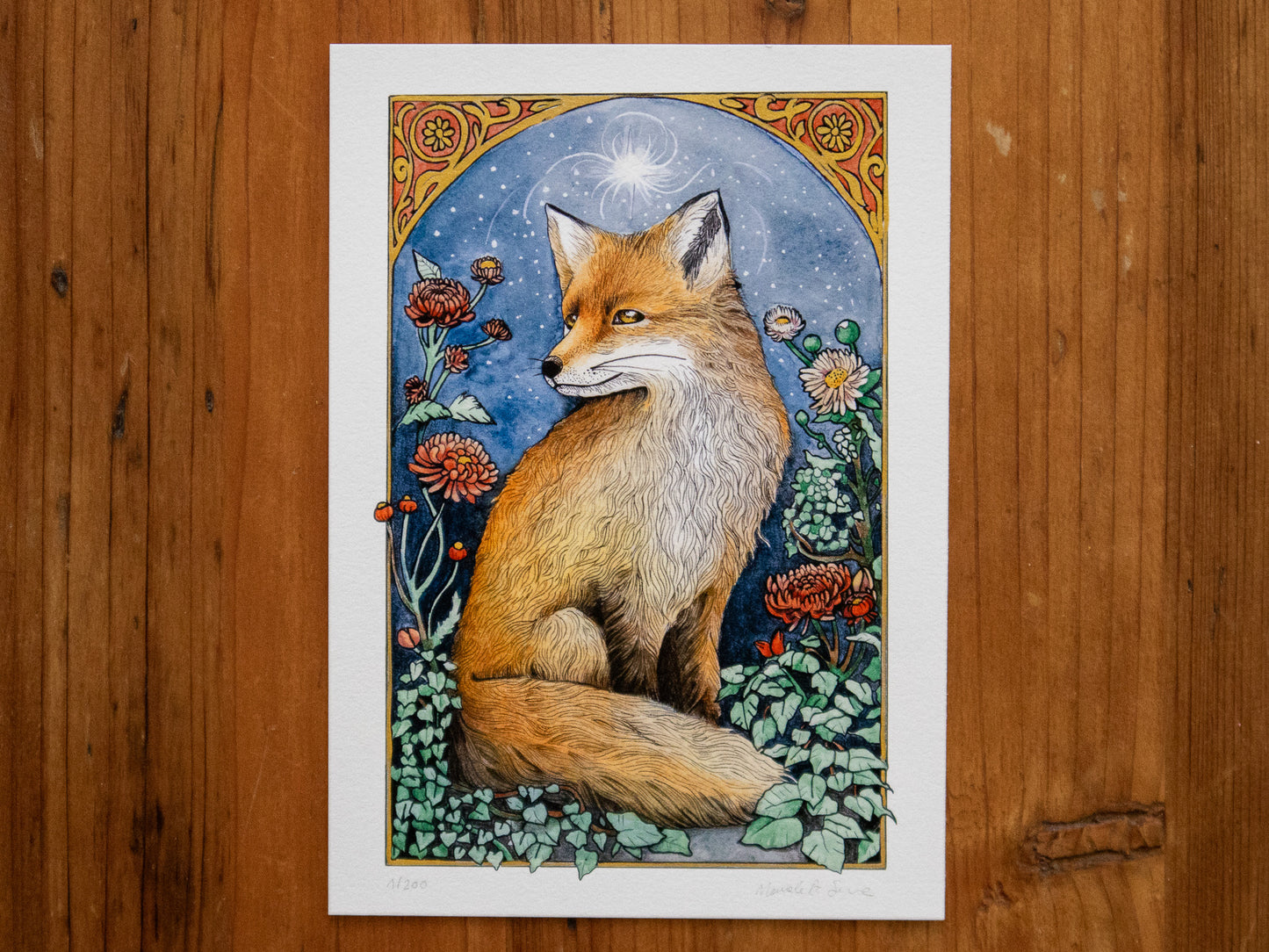 Spirit of the Fox limited edition A5 print, hand-embellished with gold ink, signed and numbered by The Wild Illustrator, autumn forest colors