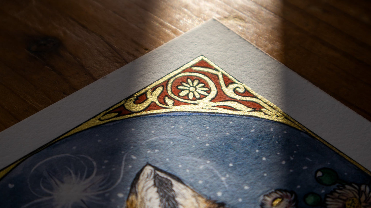 Close-up of Spirit of the Fox print metallic gold highlights shimmering on Hahnemühle Photo Rag 308 g/m²