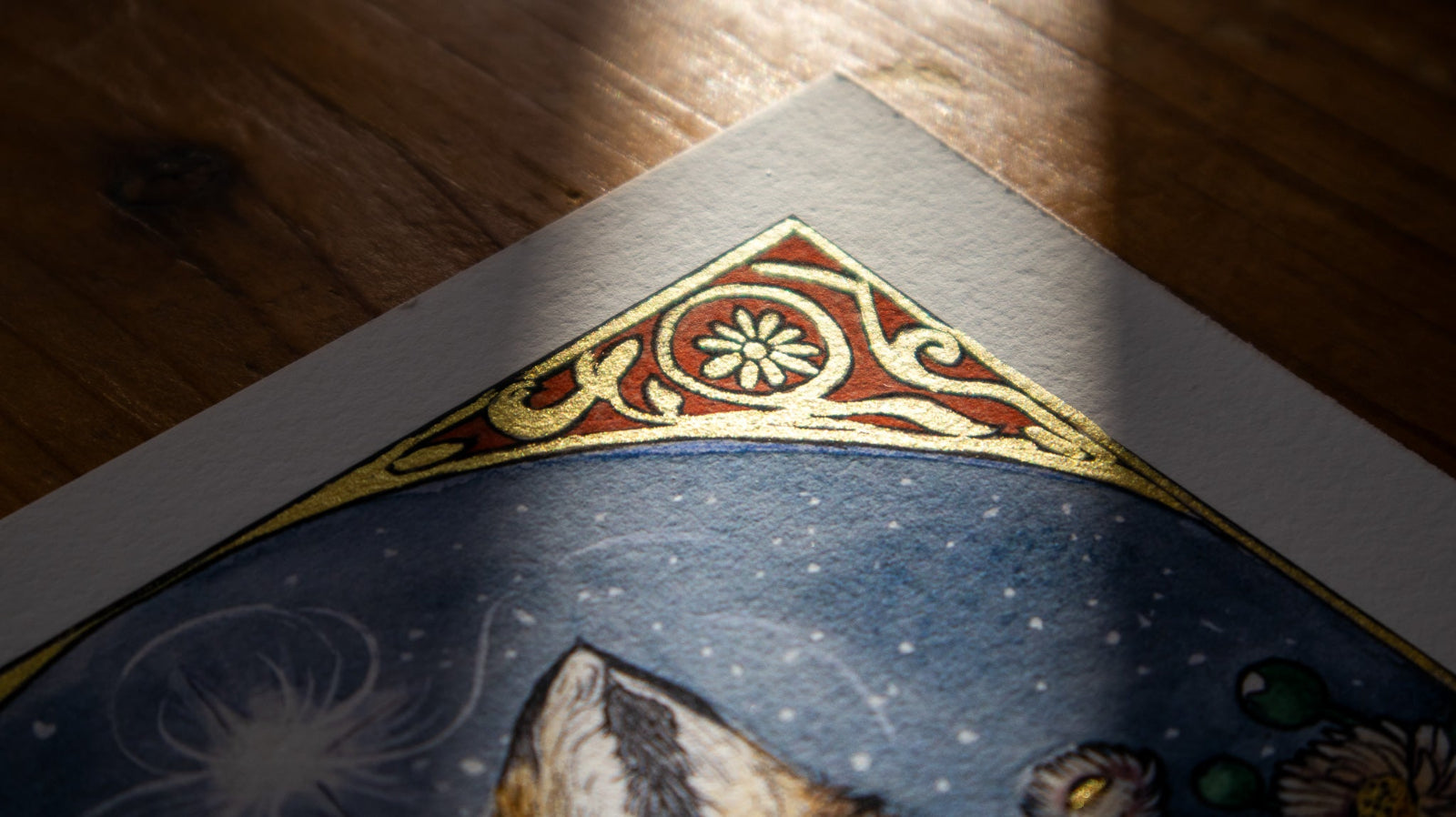 Close-up of Spirit of the Fox print metallic gold highlights shimmering on Hahnemühle Photo Rag 308 g/m²