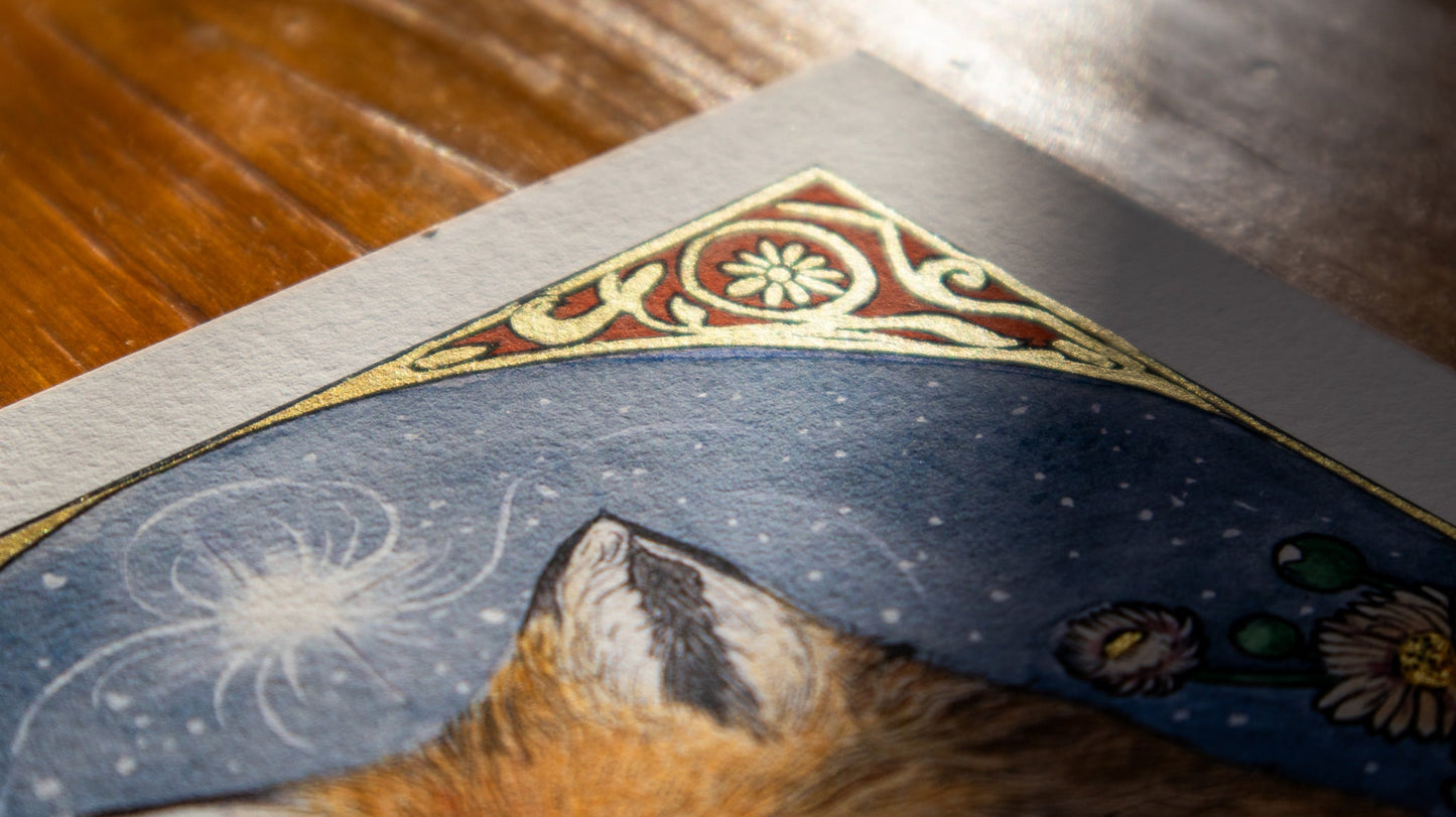 Close-up of Spirit of the Fox print metallic gold highlights shimmering on Hahnemühle Photo Rag 308 g/m²
