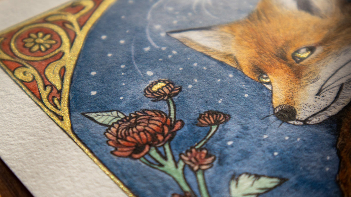 Close-up of Spirit of the Fox print metallic gold highlights shimmering on Hahnemühle Photo Rag 308 g/m²