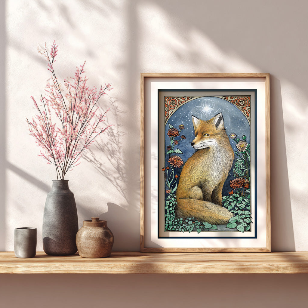 Spirit of the Fox mystical autumn forest print displayed framed in cozy home interior, A5 size, hand-embellished