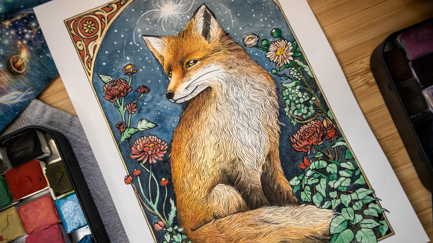 Original watercolor painting of a mystical fox spirit with metallic details, symbolizing intuition and transformation – Spirit of the Fox by The Wild Illustrator.