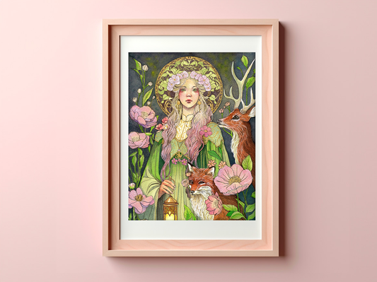 Via Interior fine art print – dreamy female figure holding a lantern, surrounded by a fox, a deer, and floral elements in a symbolic forest.