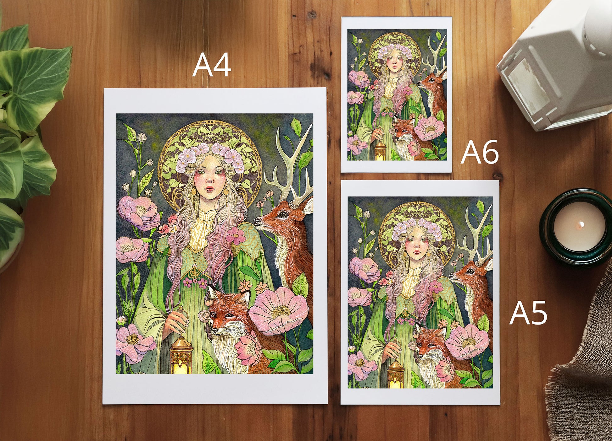 Via Interior fine art print – dreamy female figure holding a lantern, surrounded by a fox, a deer, and floral elements in a symbolic forest.