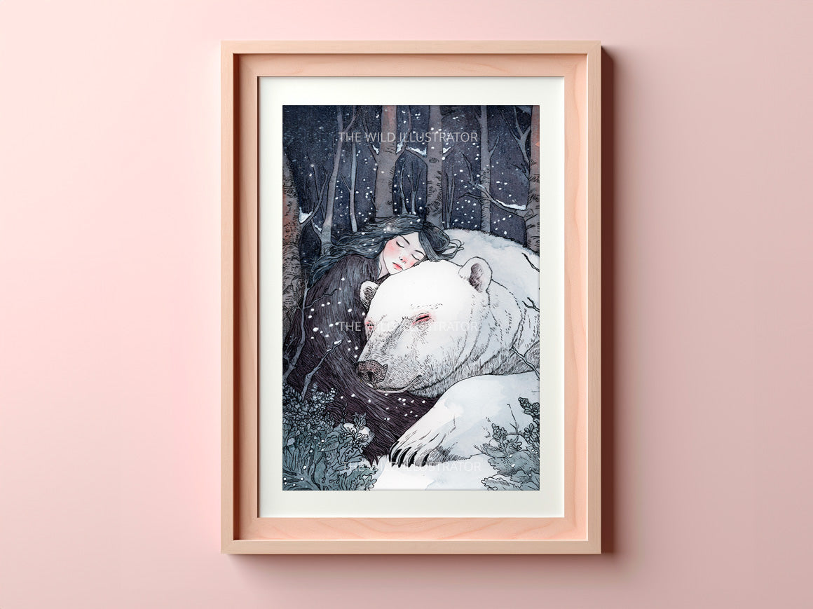 Winter Dreams art print: Woman with a polar bear in a snowy forest