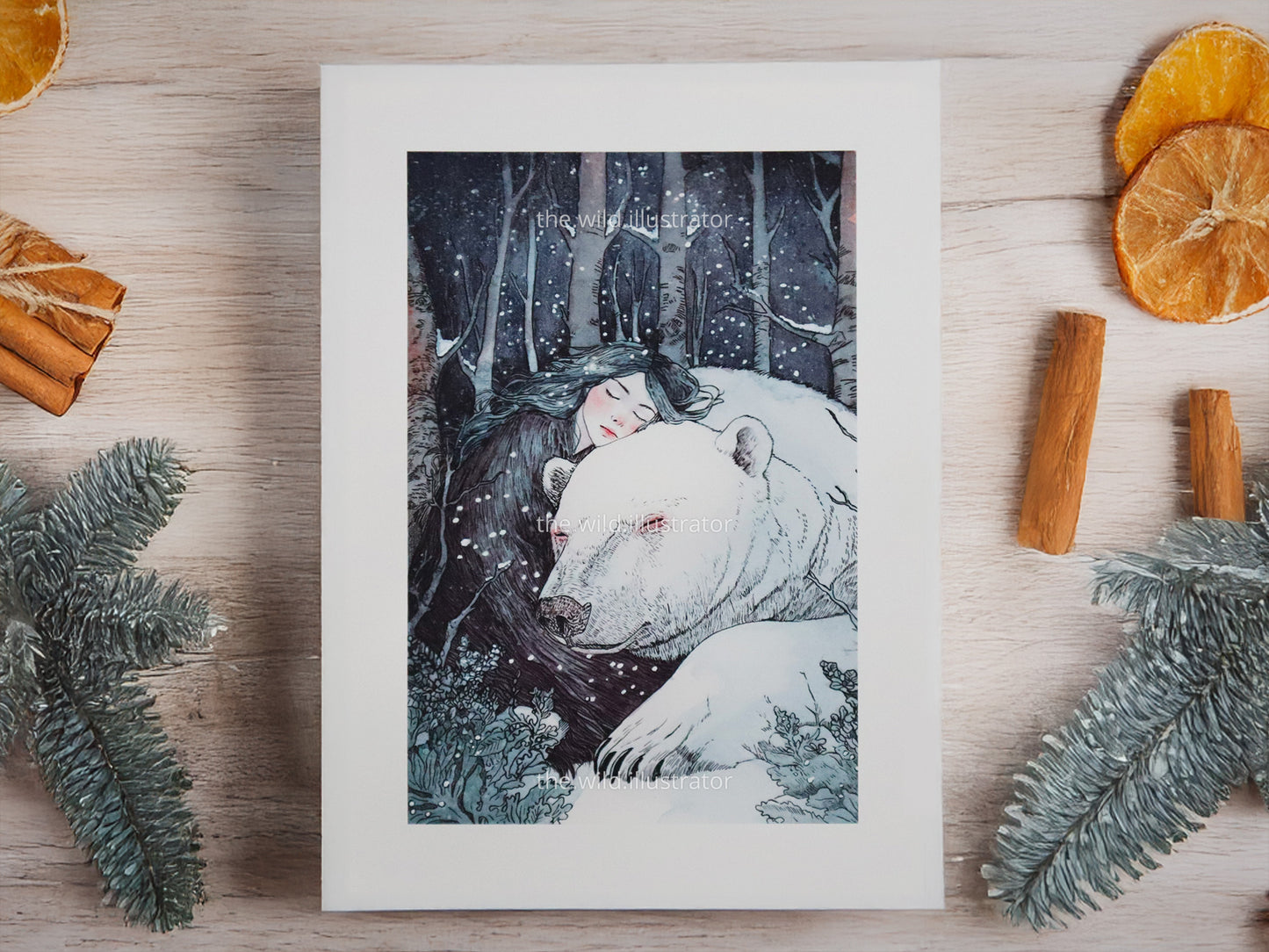 Winter Dreams art print: Woman with a polar bear in a snowy forest