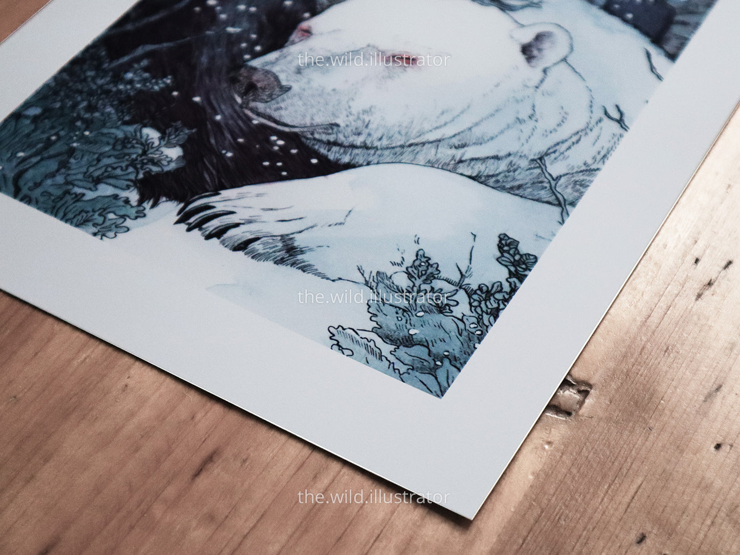 Winter Dreams art print close-up: Woman with a polar bear in a snowy forest