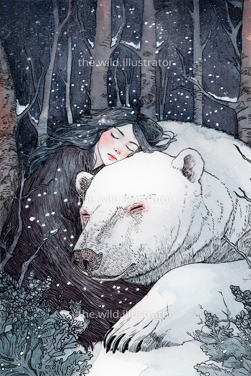 Winter Dreams original watercolor painting featuring polar bear and woman in snowy forest.