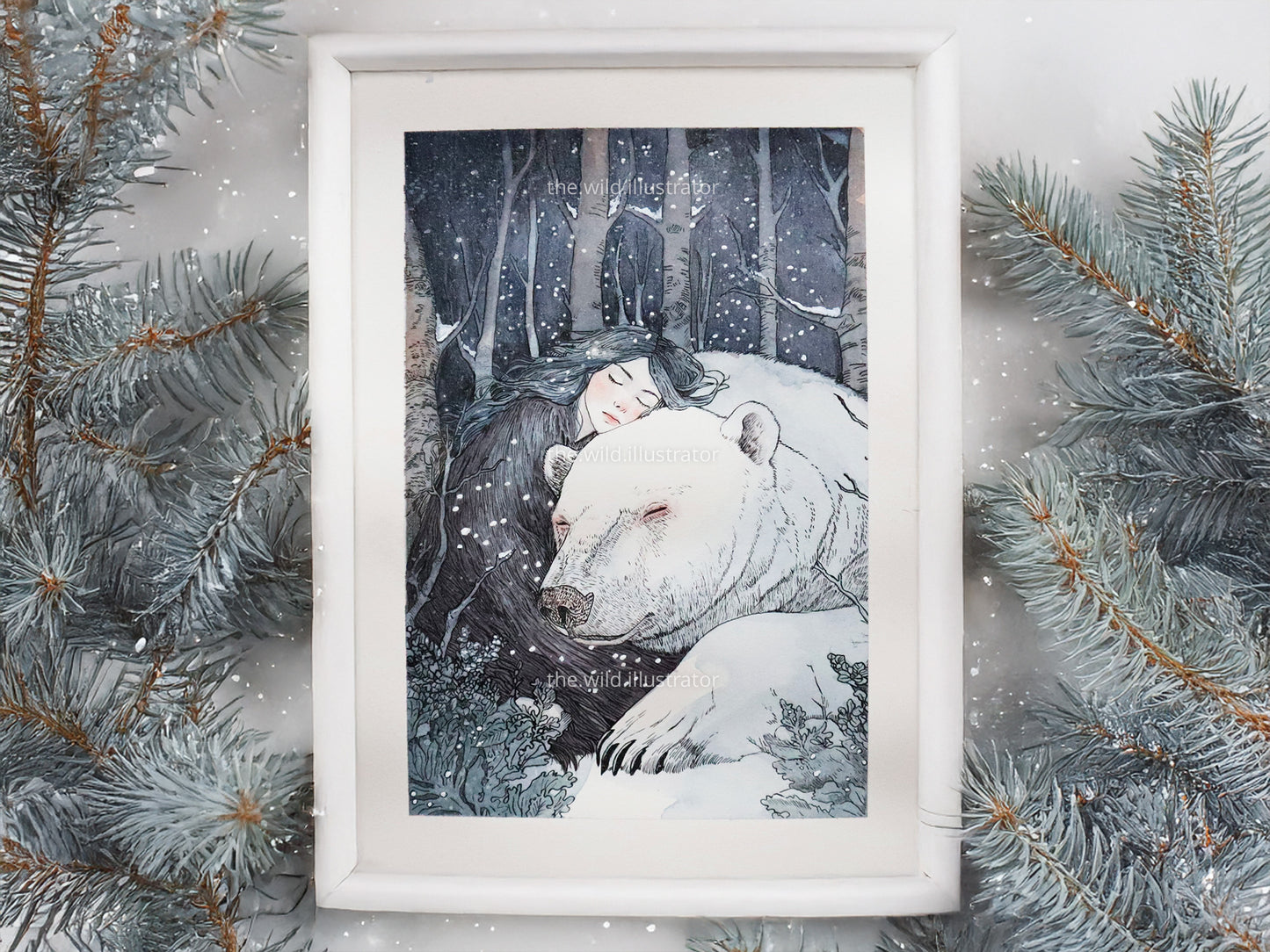 Winter Dreams original watercolor painting featuring polar bear and woman in snowy forest.