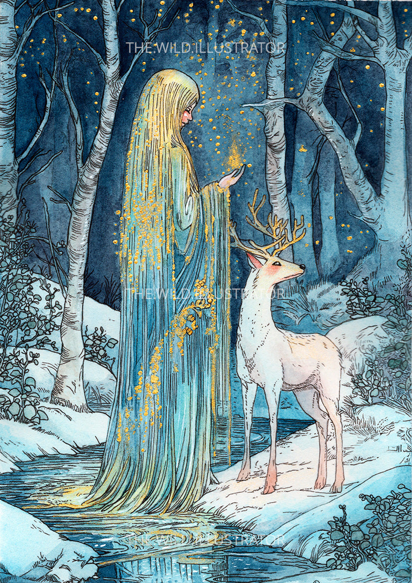 The Solstice Spirit - Mystical Winter Art Print | Nature-Inspired Decor | Hand-Embellished with Gold