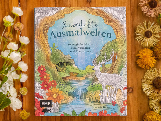 Cover of Zauberhafte Ausmalwelten, a fantasy-themed coloring book published by Edition Michael Fischer (EMF Verlag).
