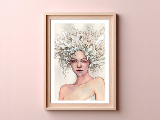 Fantasy art print of the 'Woman of the Skies' on archival paper, capturing nature and freedom.