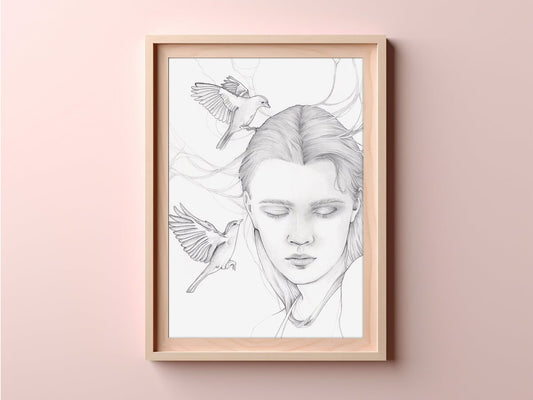 Birdsong art print of woman with birds on archival paper