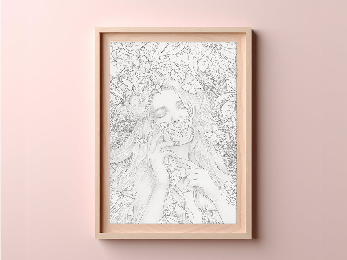 Butterfly and leaves art print of woman in peaceful nature – 'The Woman who is at Peace