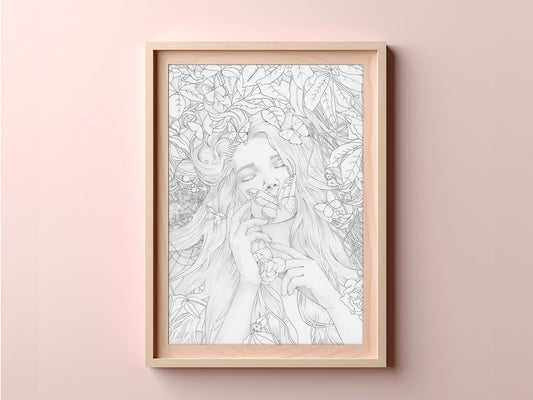 Butterfly and leaves art print of woman in peaceful nature – 'The Woman who is at Peace