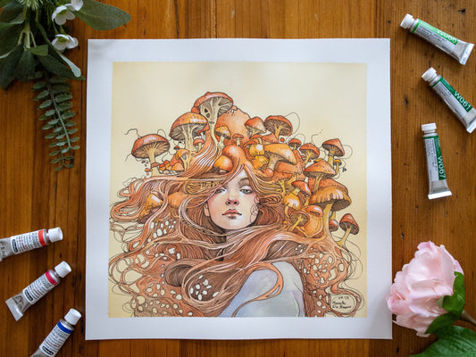 Original watercolor painting of a serene woman surrounded by mushrooms, signed on high-quality Arches paper.