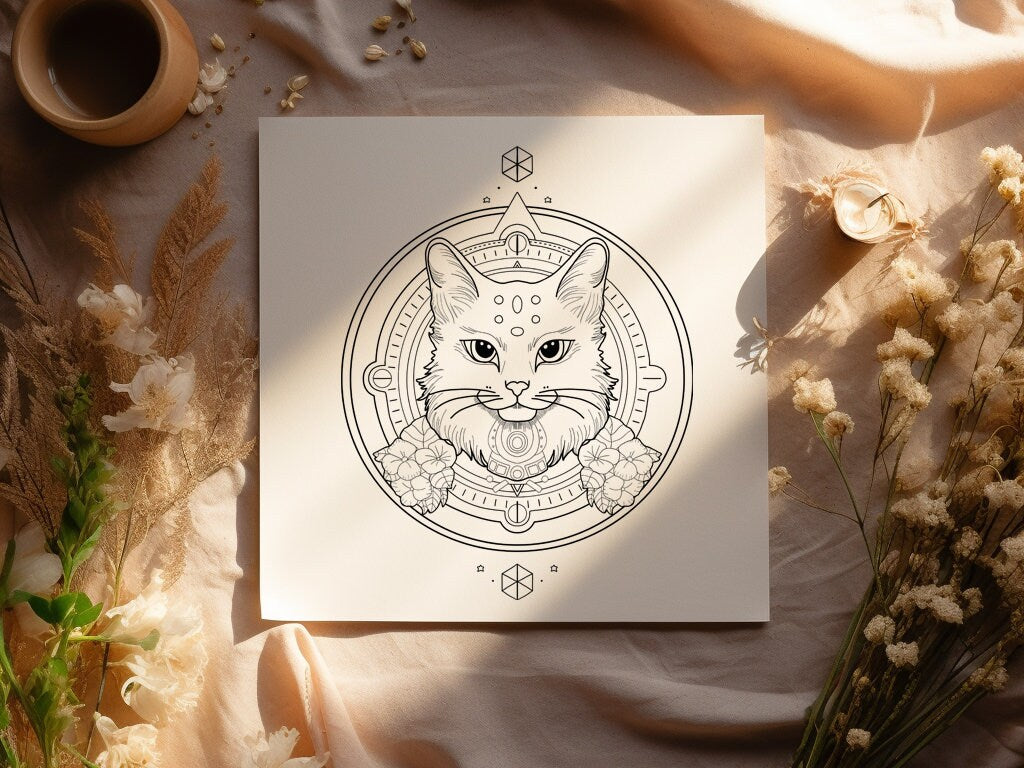 Cat Spirit Animal Coloring Page for Adults, Printable Cat Totem PDF, Mindful Coloring