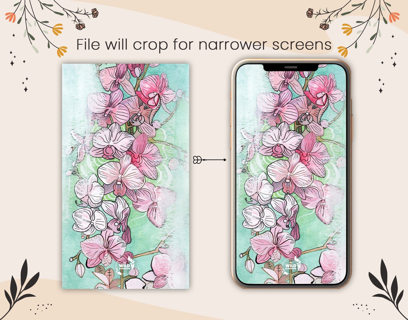 Orchid digital wallpaper with botanical floral design; elegant phone background in soft hues for instant download