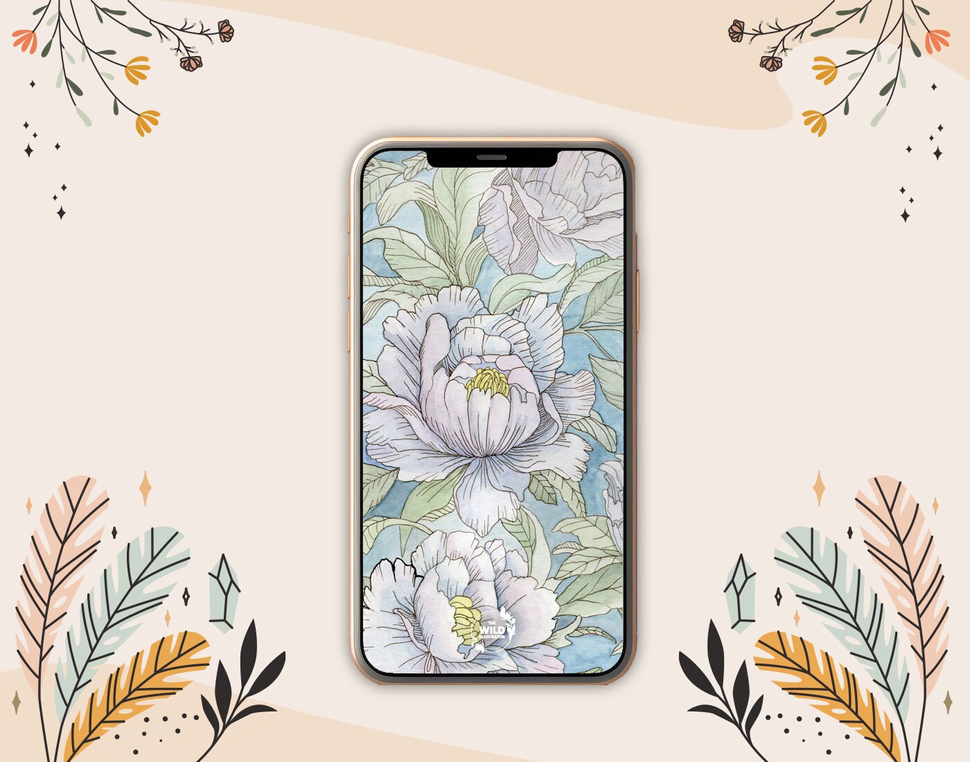 Set of five floral phone wallpapers, featuring peonies, tulips, orchids, chrysanthemums, and hydrangeas; digital download for smartphone backgrounds