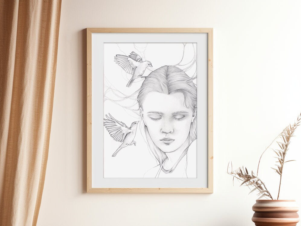 Birdsong art print of woman with birds on archival paper