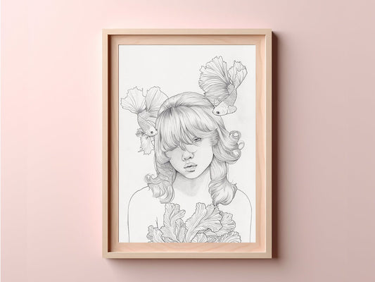 Whimsical art print of a woman surrounded by betta fish, with neutral tones and serene ocean vibes. 'Woman of the Seas' watercolor print, perfect for nature lovers and home decor.