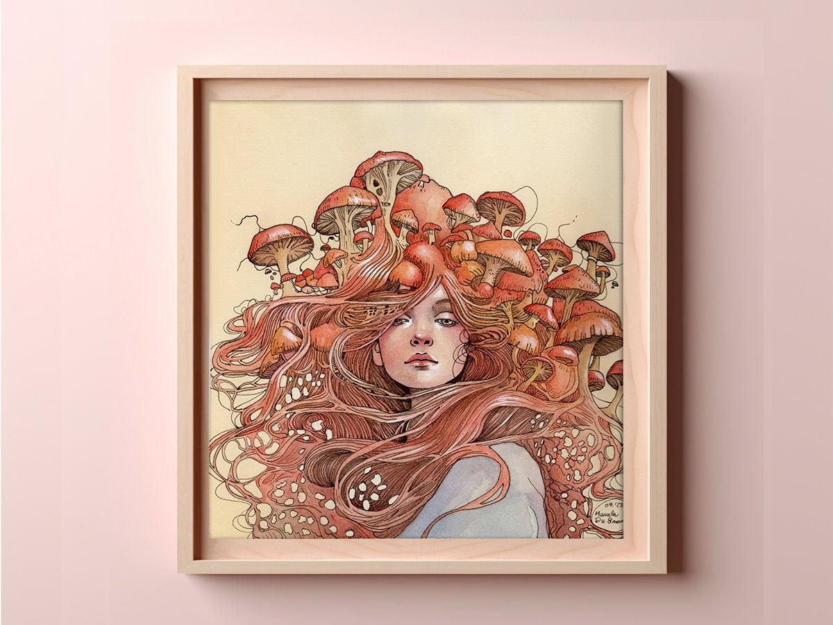 Art print of a whimsical woman surrounded by mushrooms, fantasy-inspired nature decor.