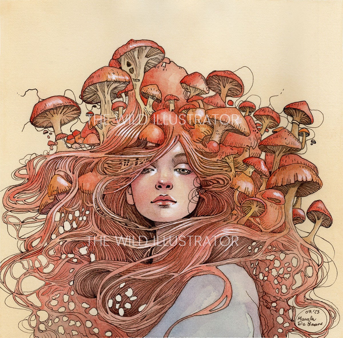 Art print of a whimsical woman surrounded by mushrooms, fantasy-inspired nature decor.