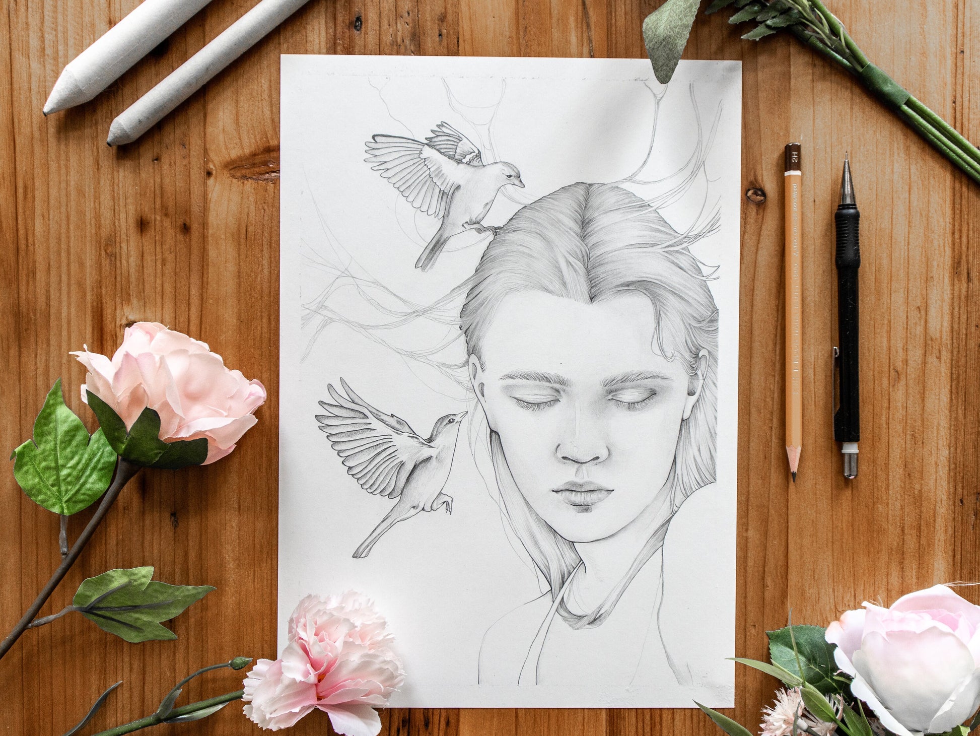 Birdsong original pencil drawing of woman with birds in monochrome