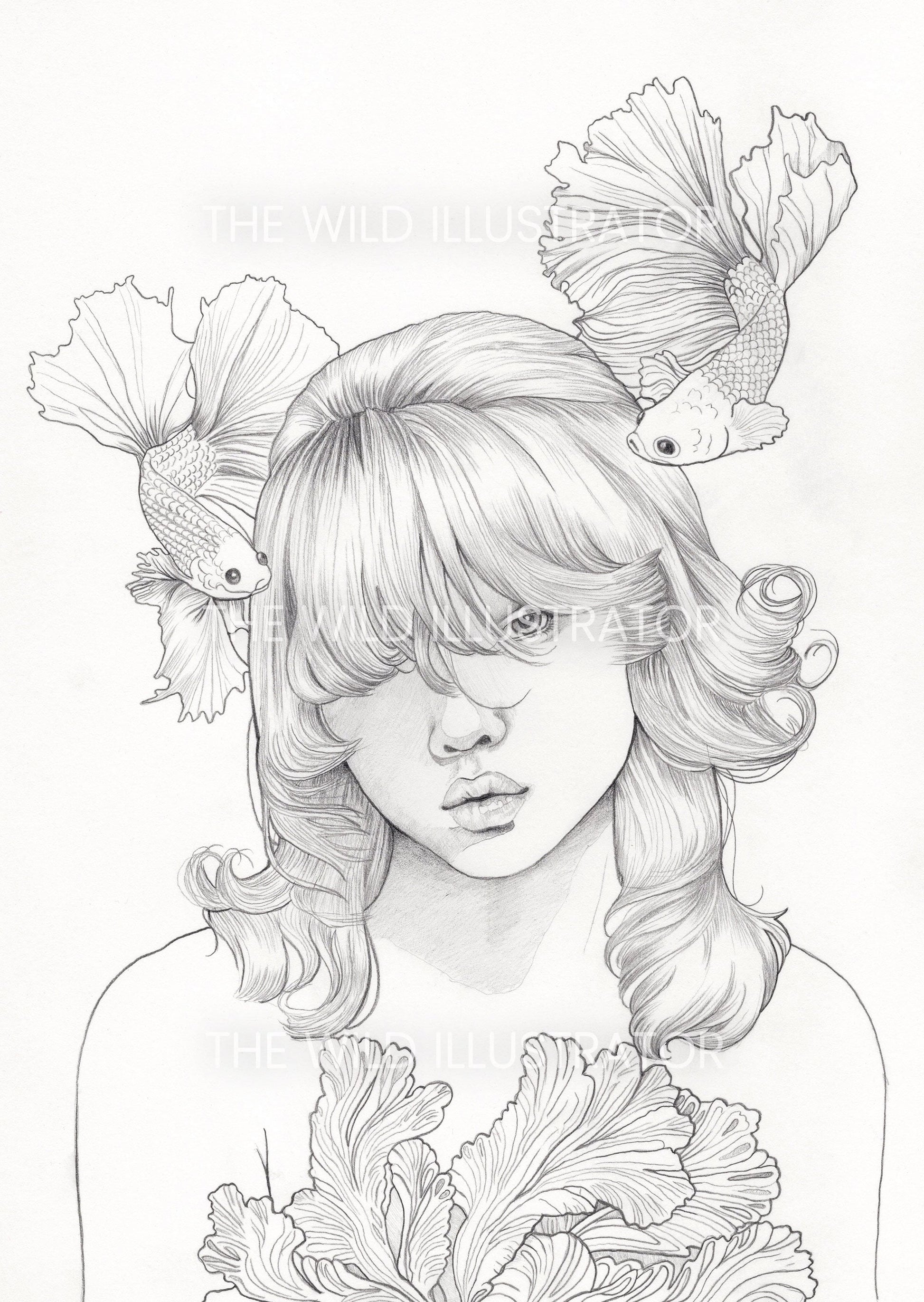 Signed original pencil art of woman surrounded by Betta fish