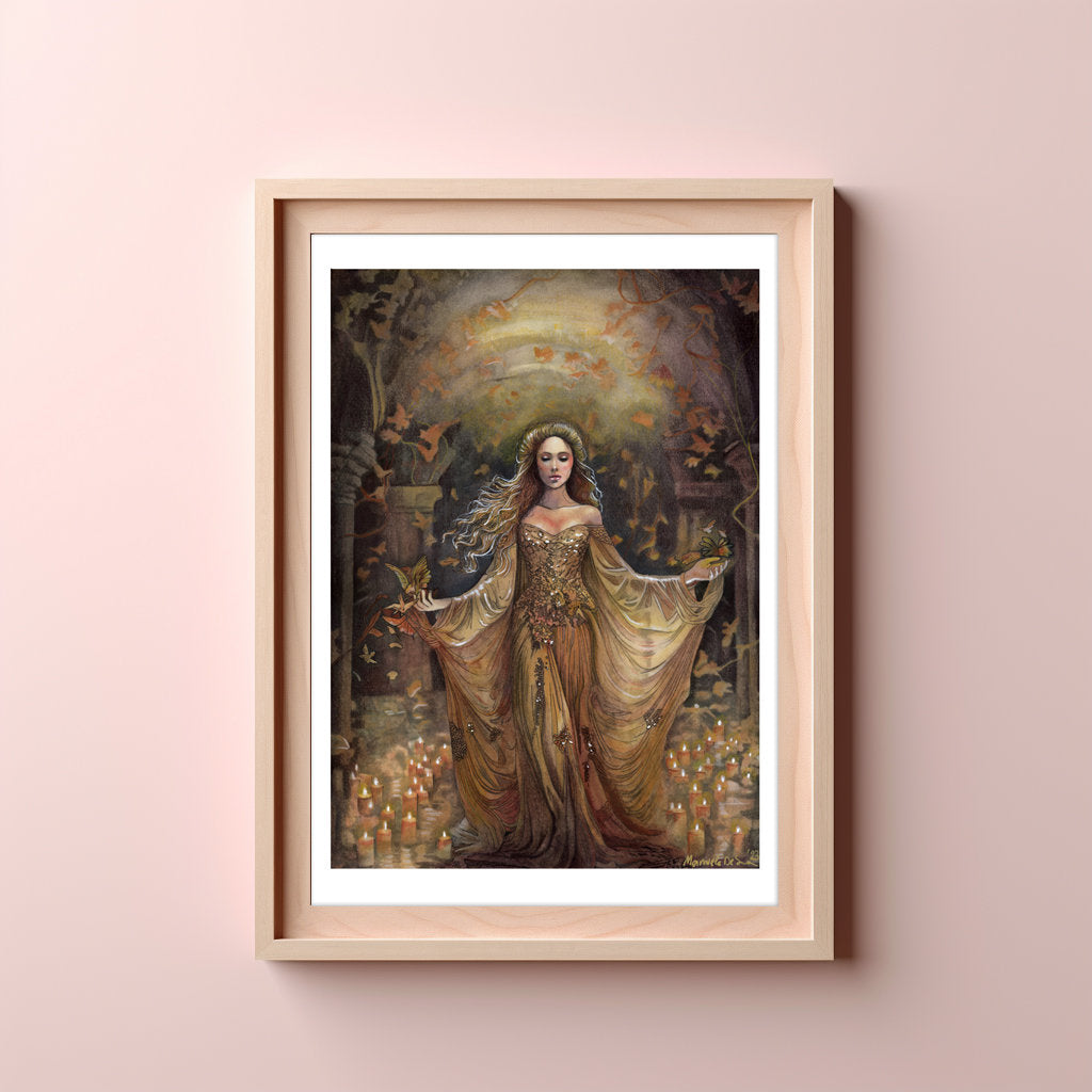 Two Worlds art print – spiritual woman among candles, whimsical home decor