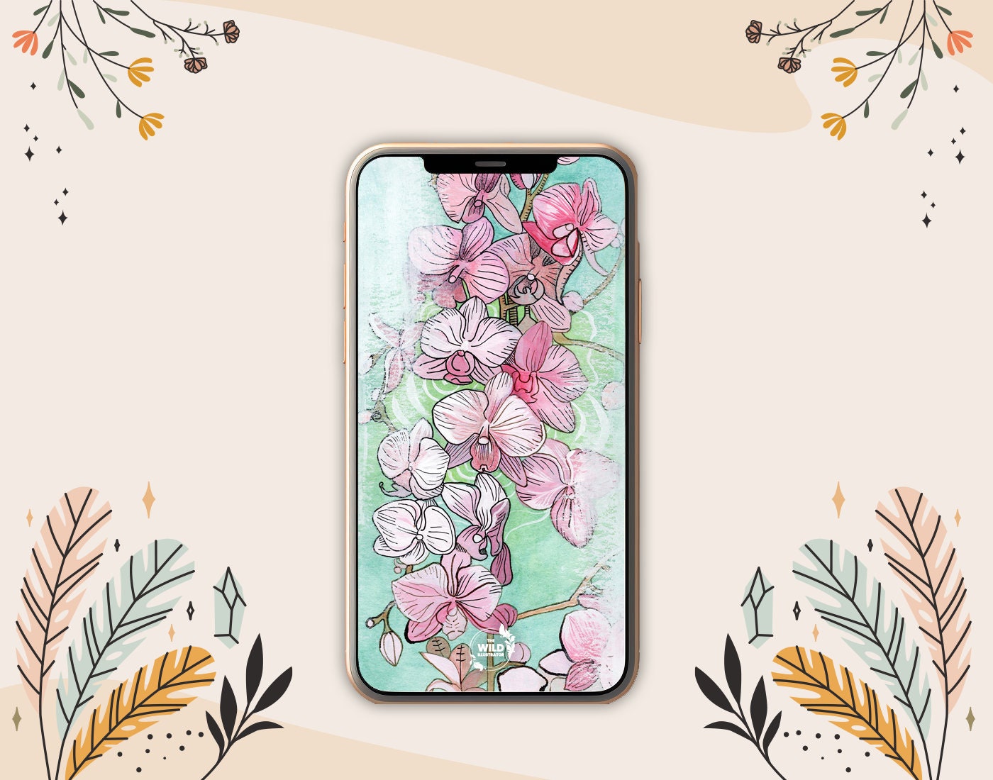 Orchid digital wallpaper with botanical floral design; elegant phone background in soft hues for instant download