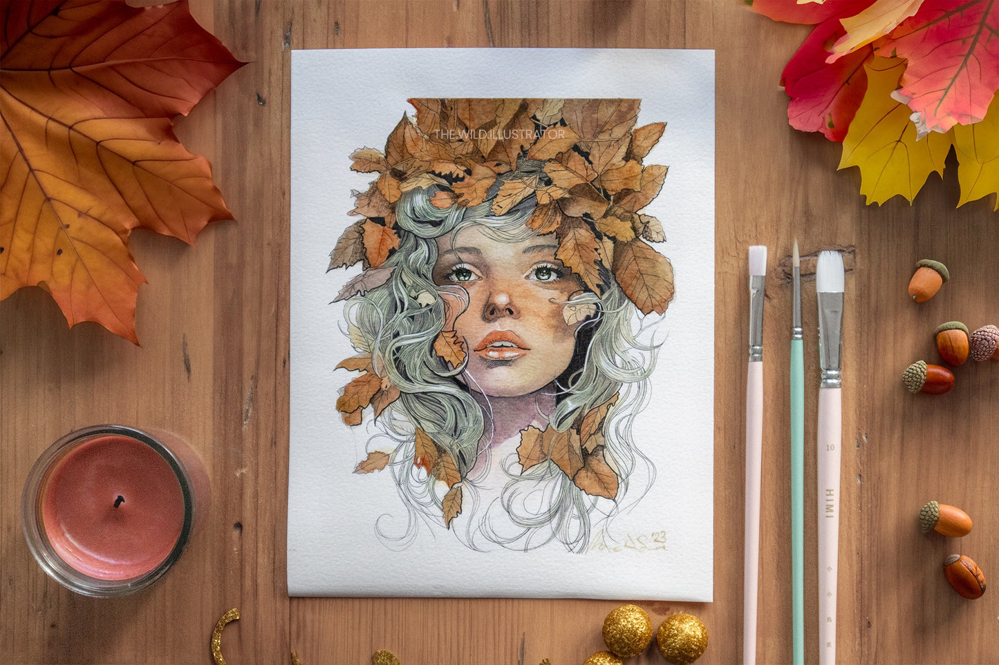 Whispers of Fall original painting, woman surrounded by autumn leaves, whimsical seasonal mixed media art.