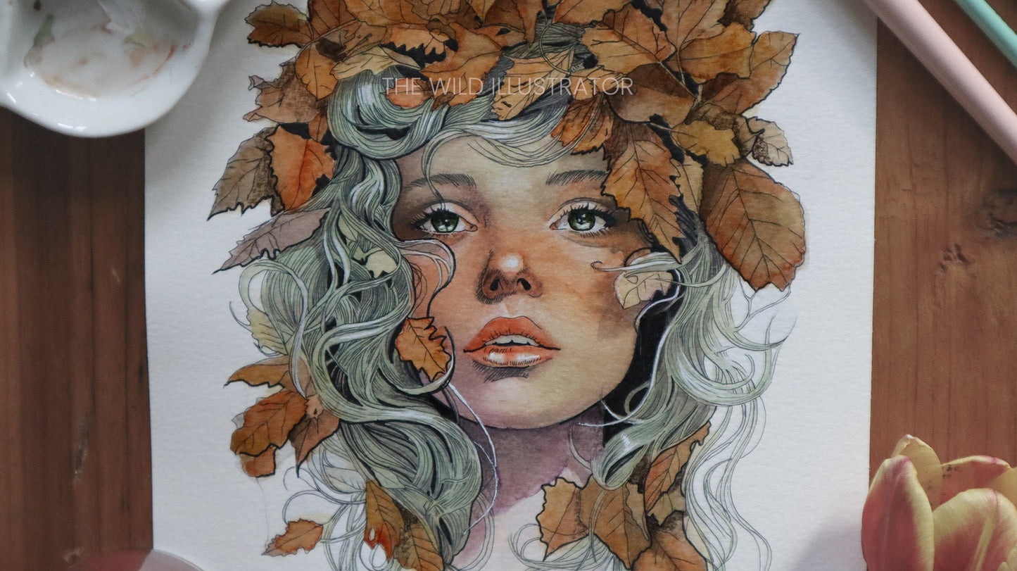 Whispers of Fall original painting, woman surrounded by autumn leaves, whimsical seasonal mixed media art.