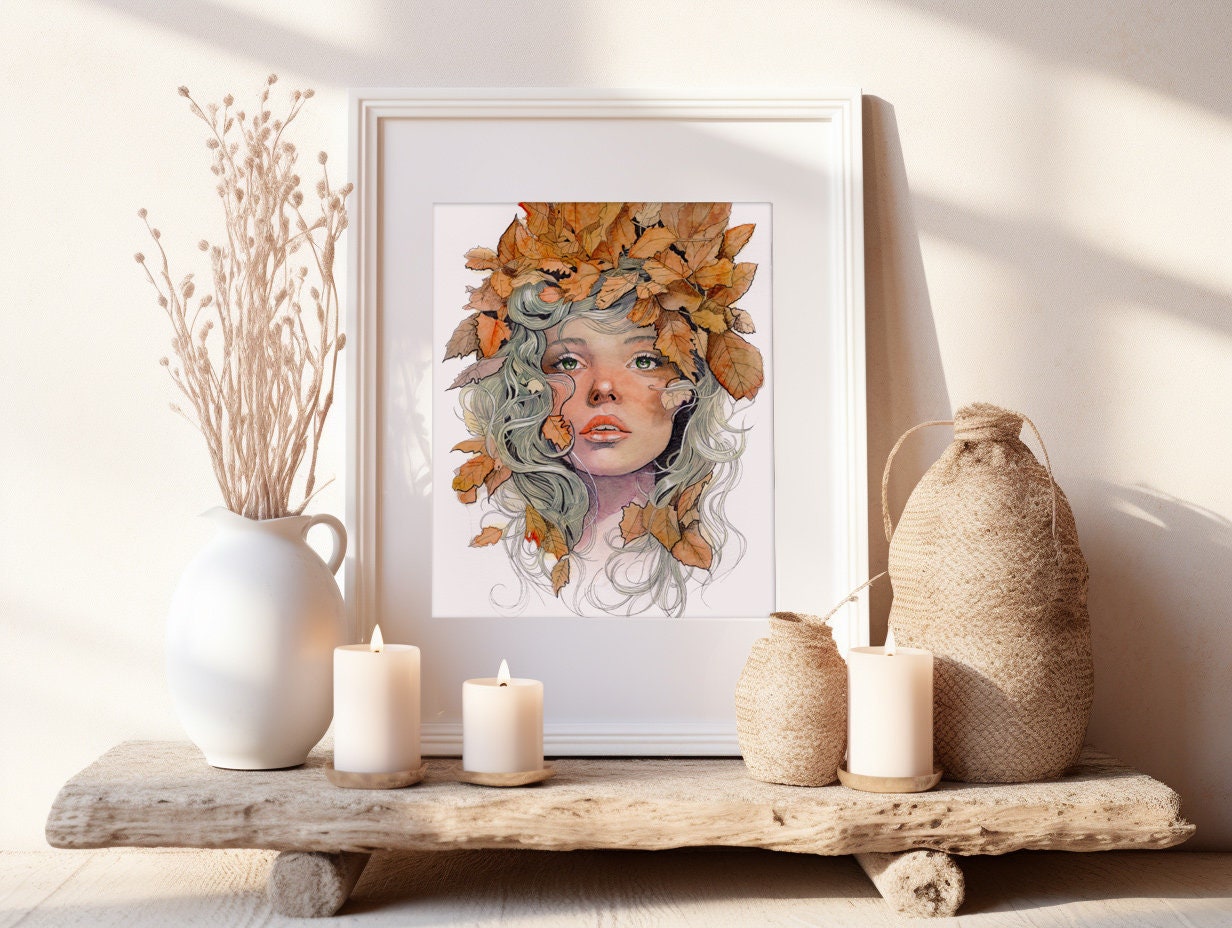 Whispers of Fall original painting, woman surrounded by autumn leaves, whimsical seasonal mixed media art.