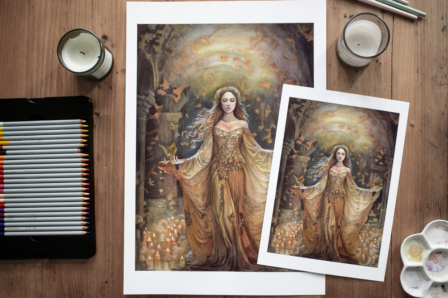 Two Worlds art print – spiritual woman among candles, whimsical home decor