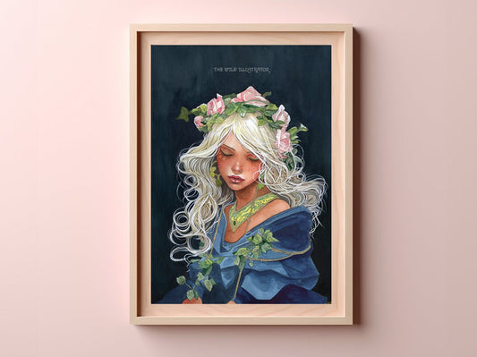 Queen of the Night Blooms" art print, hand-embellished with gold, featuring a fairy princess with night blooms, ideal for fantasy decor.