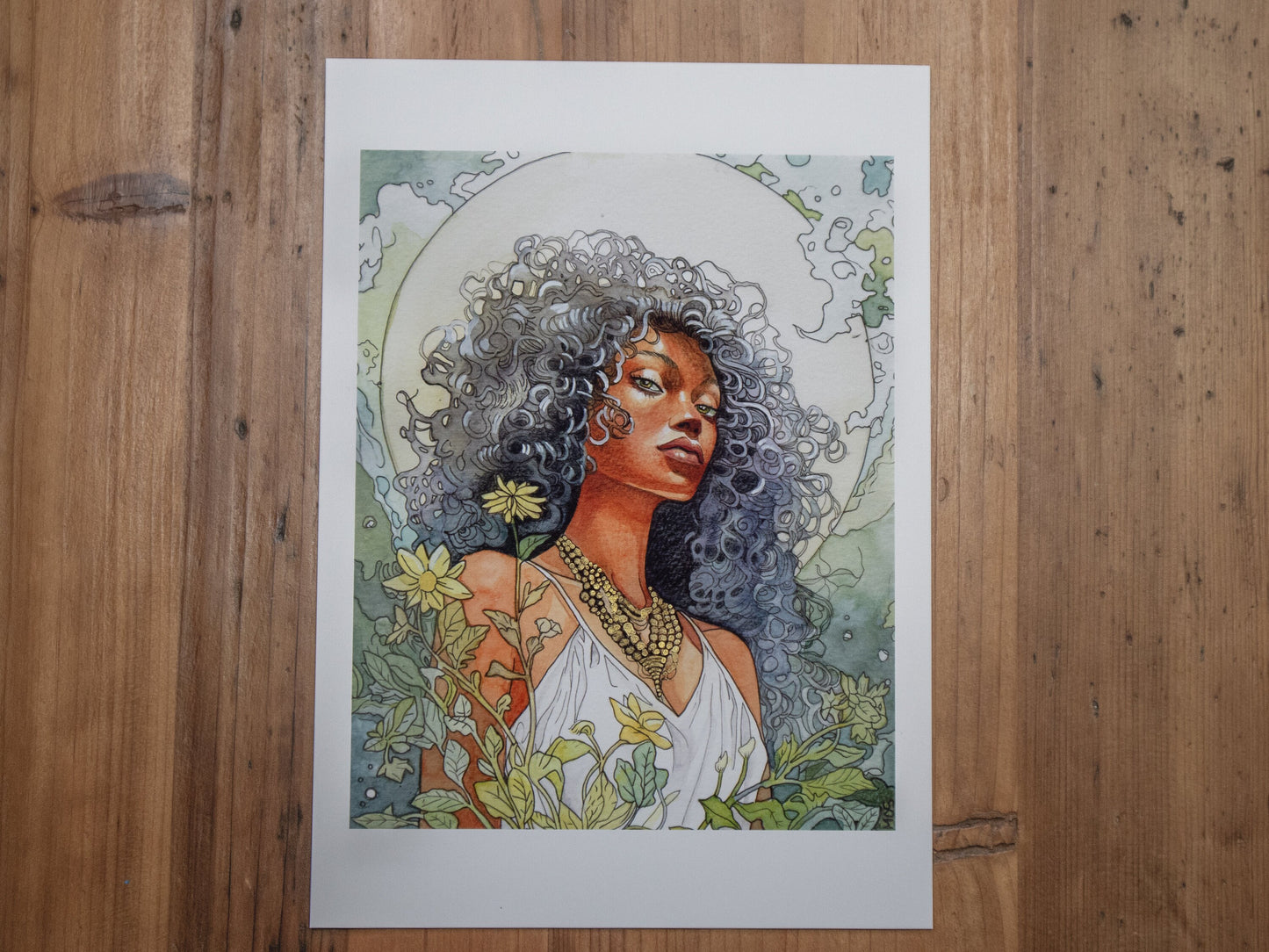 Moonlit empress print with gold embellishments, feminine spiritual artwork on A4 size.