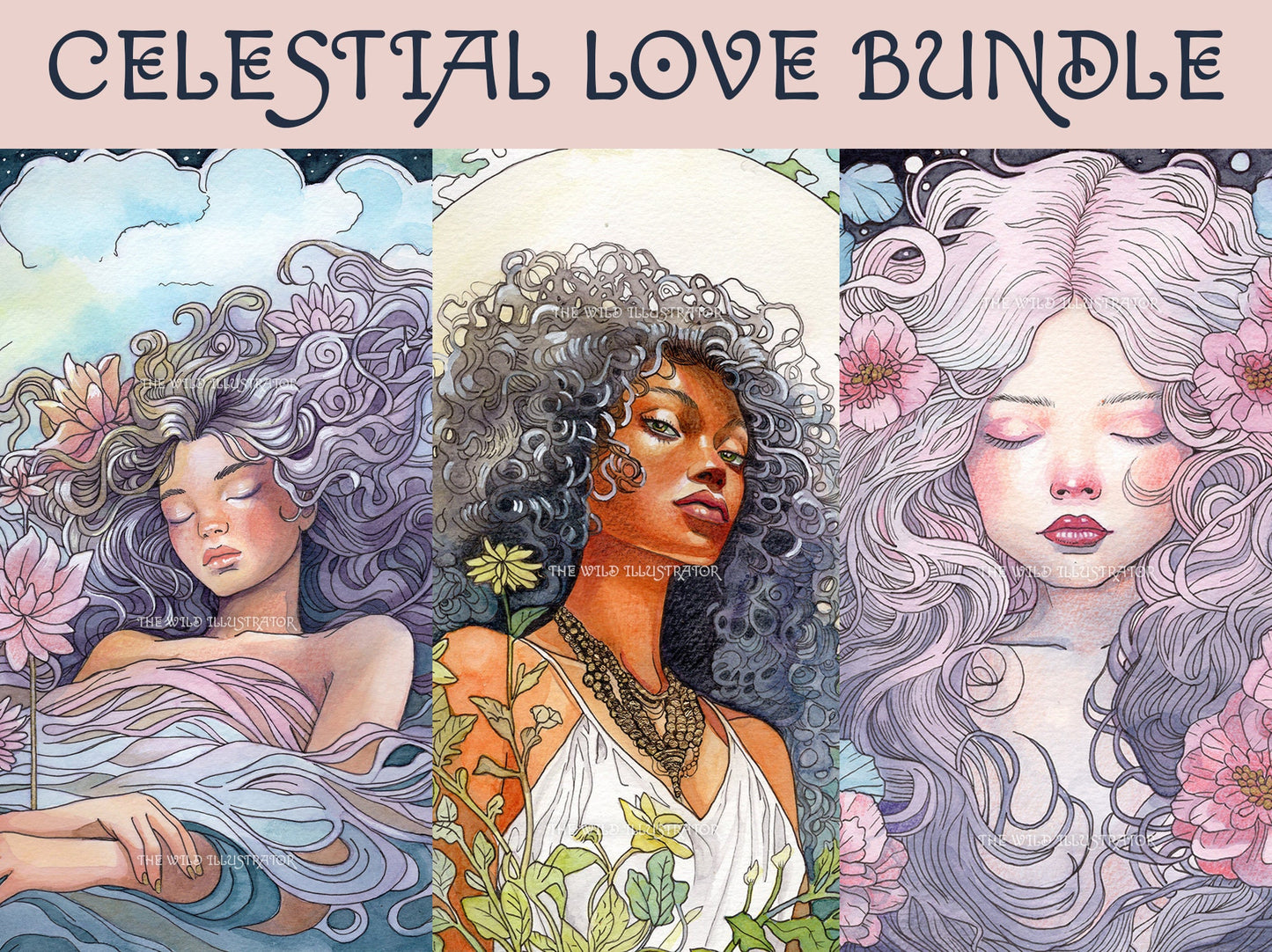 Celestial Art Bundle – 3 hand-embellished feminine prints, Harmony of the Cosmos, Stardust Hearts, Empress of the Moonlit Grove