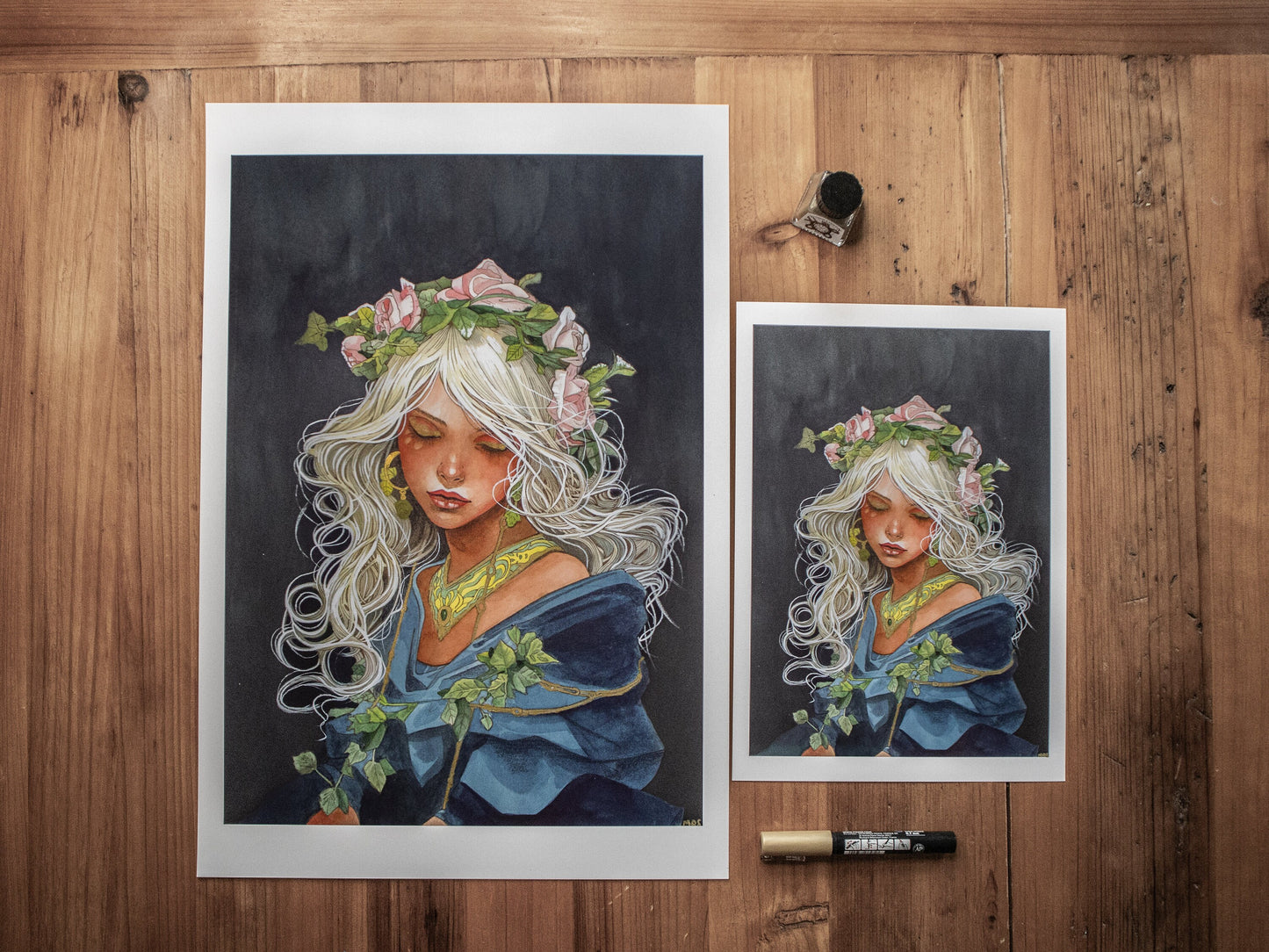 Queen of the Night Blooms" art print, hand-embellished with gold, featuring a fairy princess with night blooms, ideal for fantasy decor.